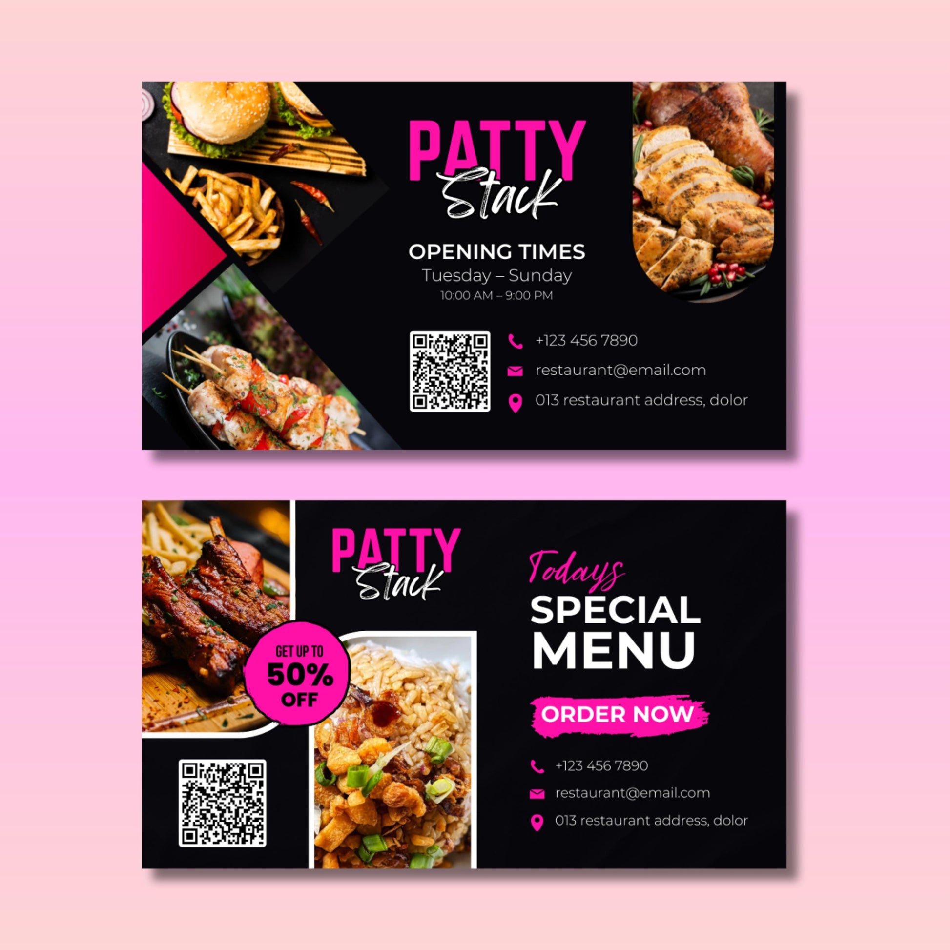 A modern editable restaurant business card template in Canva, showing the front and back design with food images, QR code, bold restaurant name, contact details, and special menu promotion.