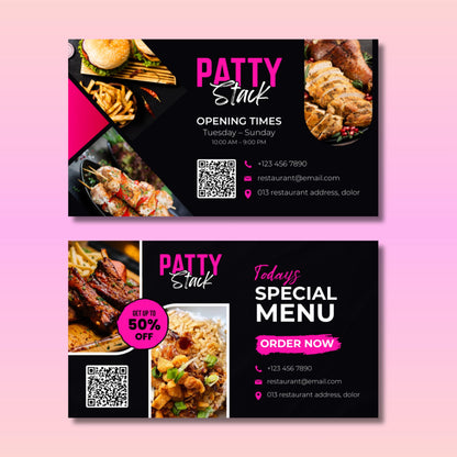 A modern editable restaurant business card template in Canva, showing the front and back design with food images, QR code, bold restaurant name, contact details, and special menu promotion.