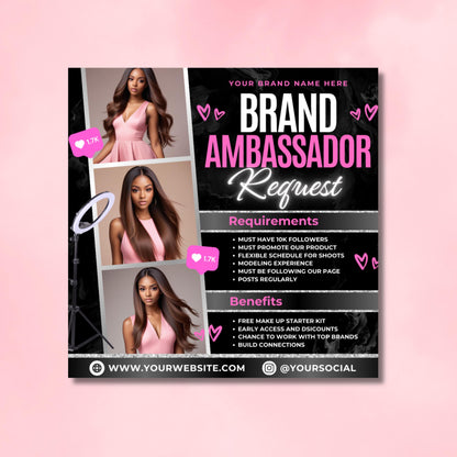 Editable Canva brand ambassador flyer template with glam pink and black design for influencer recruitment
Beauty business flyer template for brand ambassador requests, digital Canva download
Influencer recruitment poster template in Canva, pink glam design with editable text
Customizable brand ambassador request flyer, perfect for boutiques and beauty entrepreneurs
Modern Canva flyer template for ambassador marketing and influencer promotions