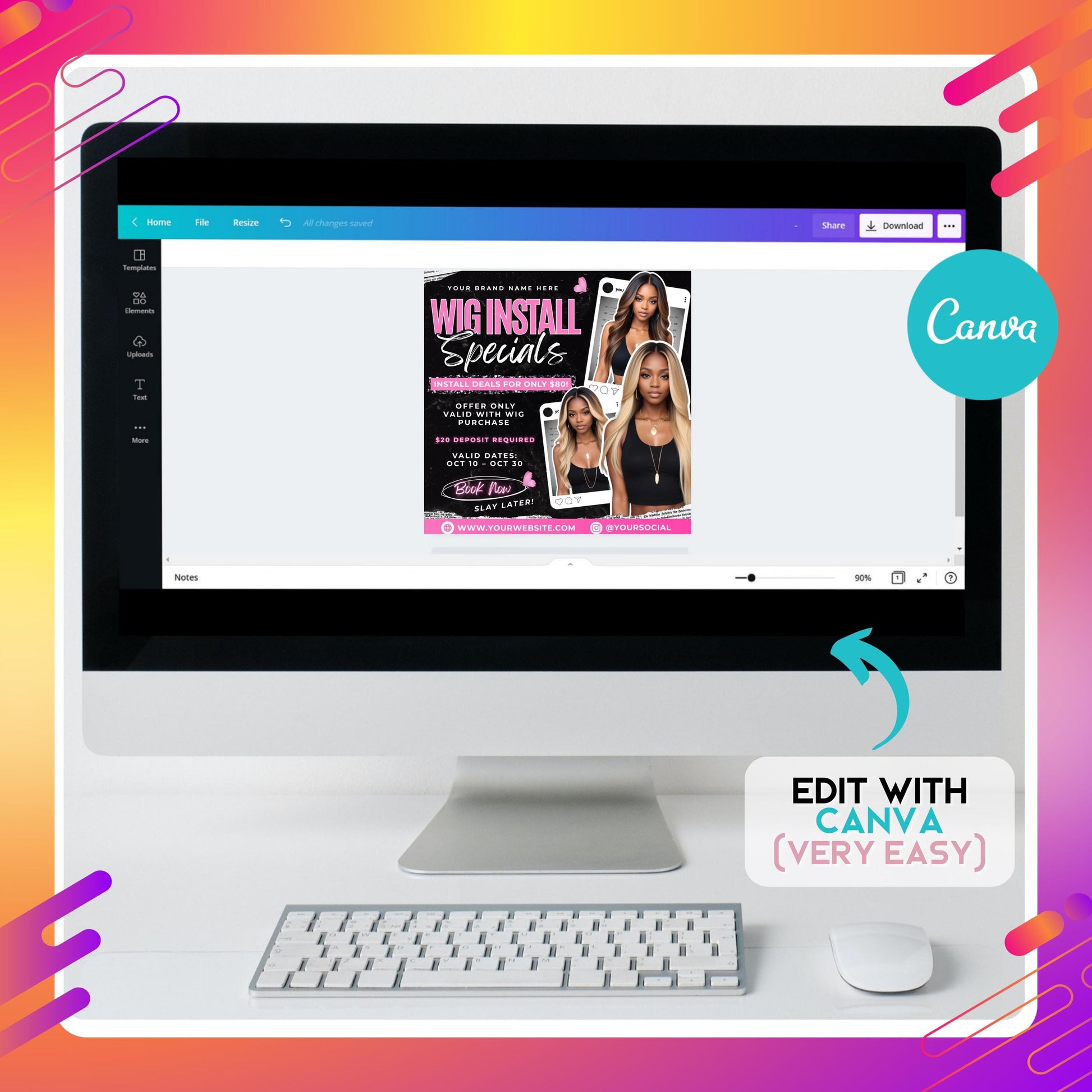 Editable Canva wig install flyer template with bold pink and white text on a black background, featuring wig models, booking promotion details, and customizable branding for hairstylists and wig businesses.