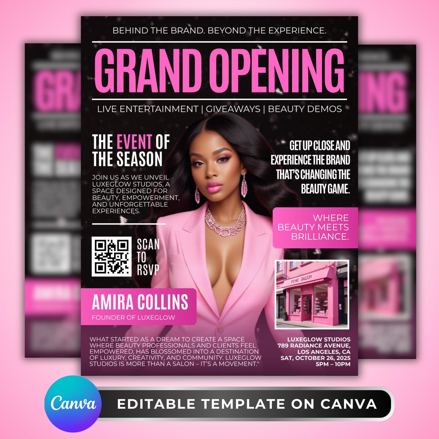 editable canva grand opening flyer template with glam pink design for beauty salons and boutiques
modern magazine-style business launch flyer template for beauty events in canva
customizable grand opening invitation poster for salons, boutiques, and glam businesses
editable canva flyer template for beauty business grand opening events
luxury pink glam grand opening flyer design, perfect for salon and boutique promotions