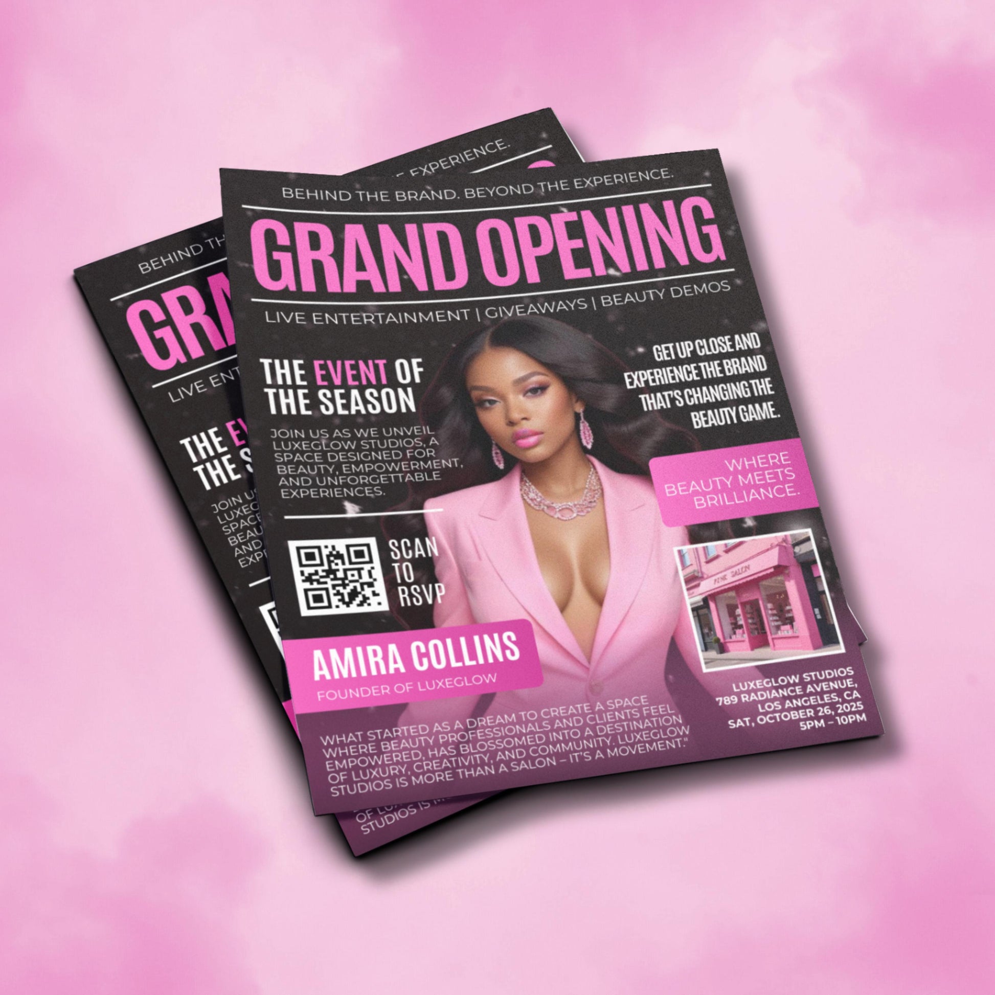 Editable Canva grand opening flyer template with glam pink design for beauty salons and boutiques
Modern magazine-style business launch flyer template for beauty events in Canva
Customizable grand opening invitation poster for salons, boutiques, and glam businesses
Editable Canva flyer template for beauty business grand opening events
Luxury pink glam grand opening flyer design, perfect for salon and boutique promotions