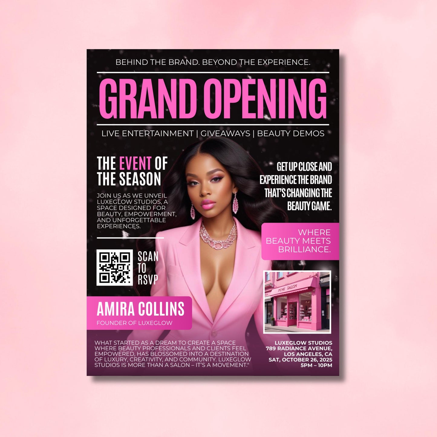 editable canva grand opening flyer template with glam pink design for beauty salons and boutiques
modern magazine-style business launch flyer template for beauty events in canva
customizable grand opening invitation poster for salons, boutiques, and glam businesses
editable canva flyer template for beauty business grand opening events
luxury pink glam grand opening flyer design, perfect for salon and boutique promotions