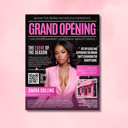 Editable Canva grand opening flyer template with glam pink design for beauty salons and boutiques
Modern magazine-style business launch flyer template for beauty events in Canva
Customizable grand opening invitation poster for salons, boutiques, and glam businesses
Editable Canva flyer template for beauty business grand opening events
Luxury pink glam grand opening flyer design, perfect for salon and boutique promotions