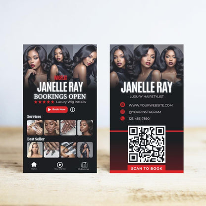 Editable Canva wig stylist booking card template with QR code for easy appointments
Modern luxury wig business card template for hairstylists and beauty entrepreneurs
Editable Canva booking card for wig installs and salon services with QR code
Professional hairstylist booking card design for beauty business promotion
Luxury black and red wig stylist business card with services and QR code