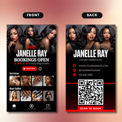 Editable Canva wig stylist booking card template with QR code for easy appointments
Modern luxury wig business card template for hairstylists and beauty entrepreneurs
Editable Canva booking card for wig installs and salon services with QR code
Professional hairstylist booking card design for beauty business promotion
Luxury black and red wig stylist business card with services and QR code
