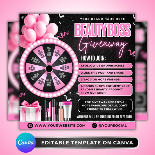 Editable Canva giveaway flyer with a pink and black spin-the-wheel design, featuring beauty prizes, pink balloons, and customizable text for social media contests and small business promotions.