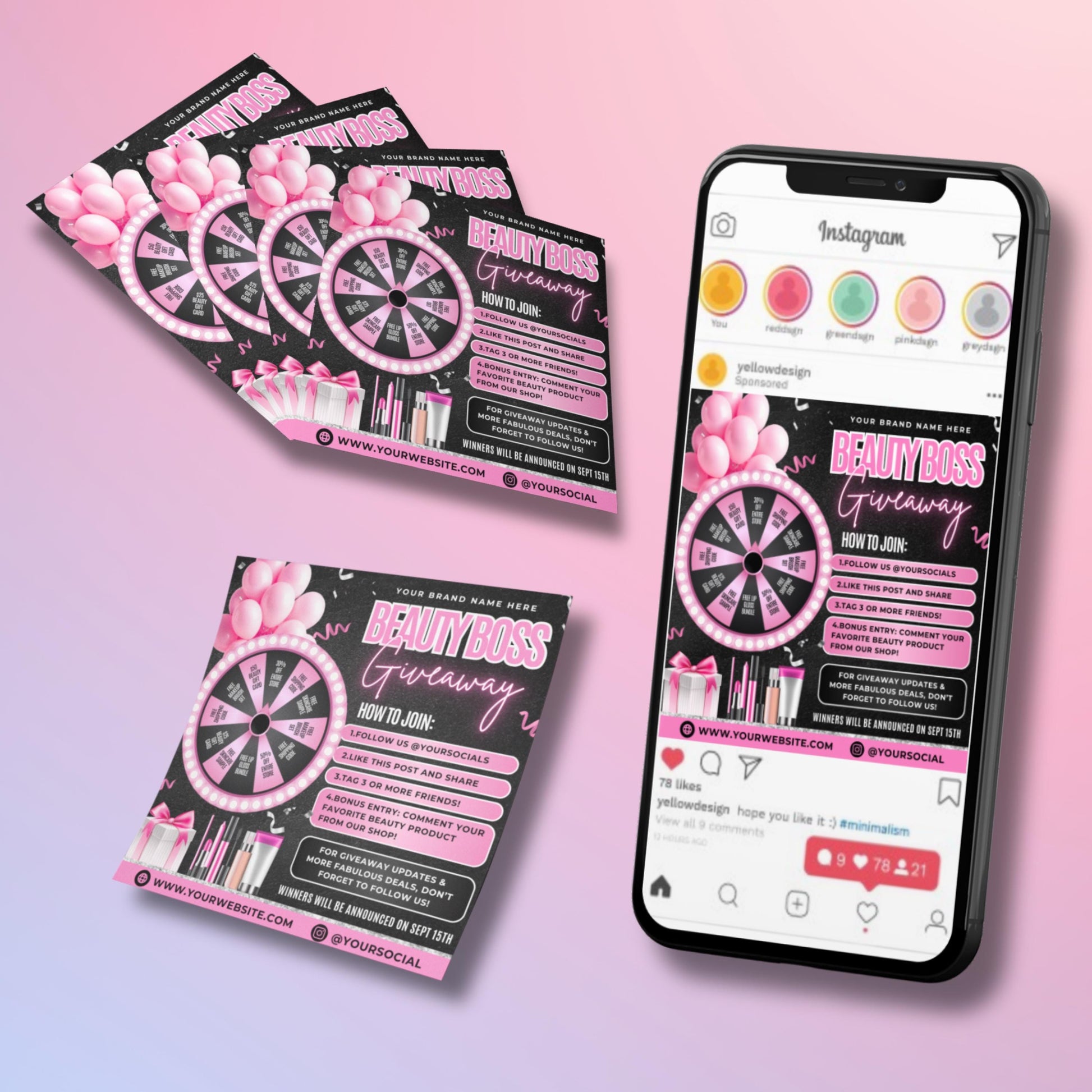 Editable Canva giveaway flyer with a pink and black spin-the-wheel design, featuring beauty prizes, pink balloons, and customizable text for social media contests and small business promotions.