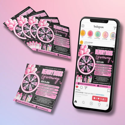 Editable Canva giveaway flyer with a pink and black spin-the-wheel design, featuring beauty prizes, pink balloons, and customizable text for social media contests and small business promotions.