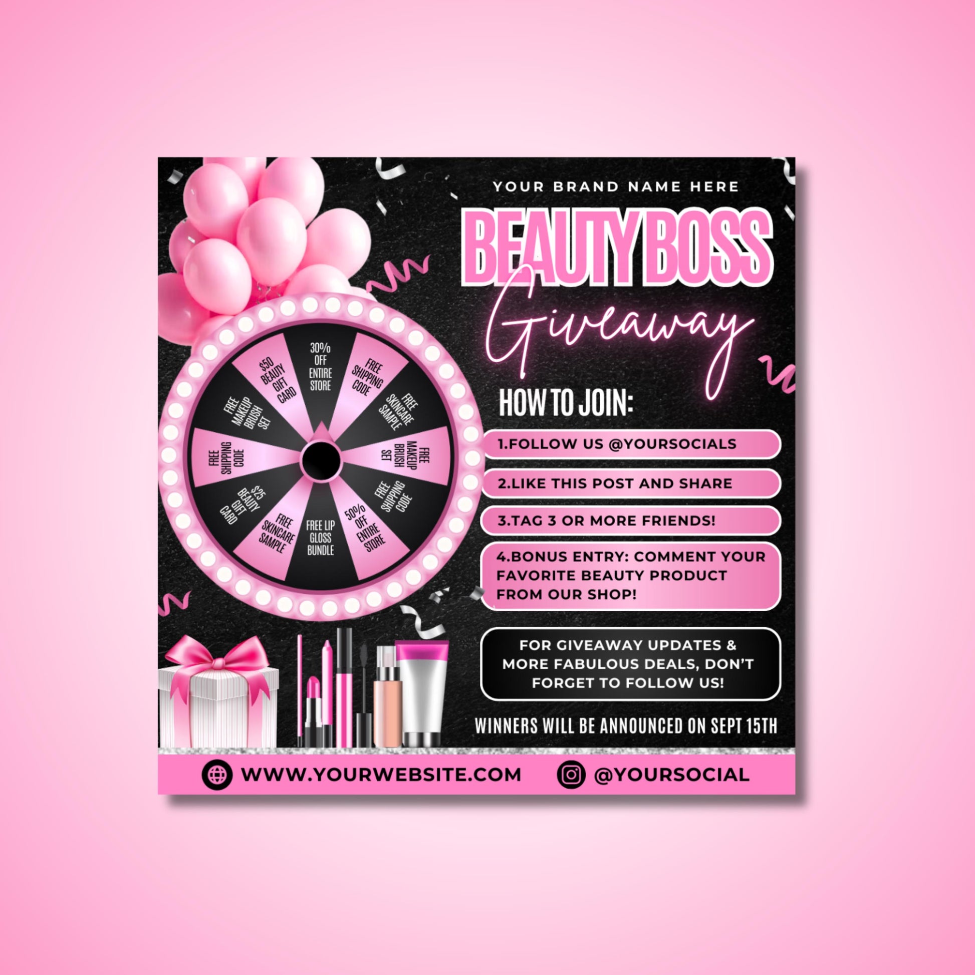 Editable Canva giveaway flyer with a pink and black spin-the-wheel design, featuring beauty prizes, pink balloons, and customizable text for social media contests and small business promotions.