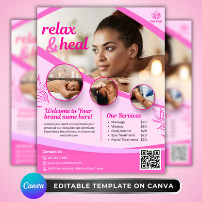 Editable spa flyer template in pink tones for massage, facials, waxing, and body scrubs, Canva design for wellness businesses
Relax and heal spa flyer design, customizable Canva template for estheticians, massage therapists, and spa service promotions
Wellness marketing flyer template in pink, editable Canva design for spa treatments, waxing, body scrubs, and facials
Modern spa flyer Canva template with pricing and services, perfect for promoting massage therapy and beauty wellness businesses