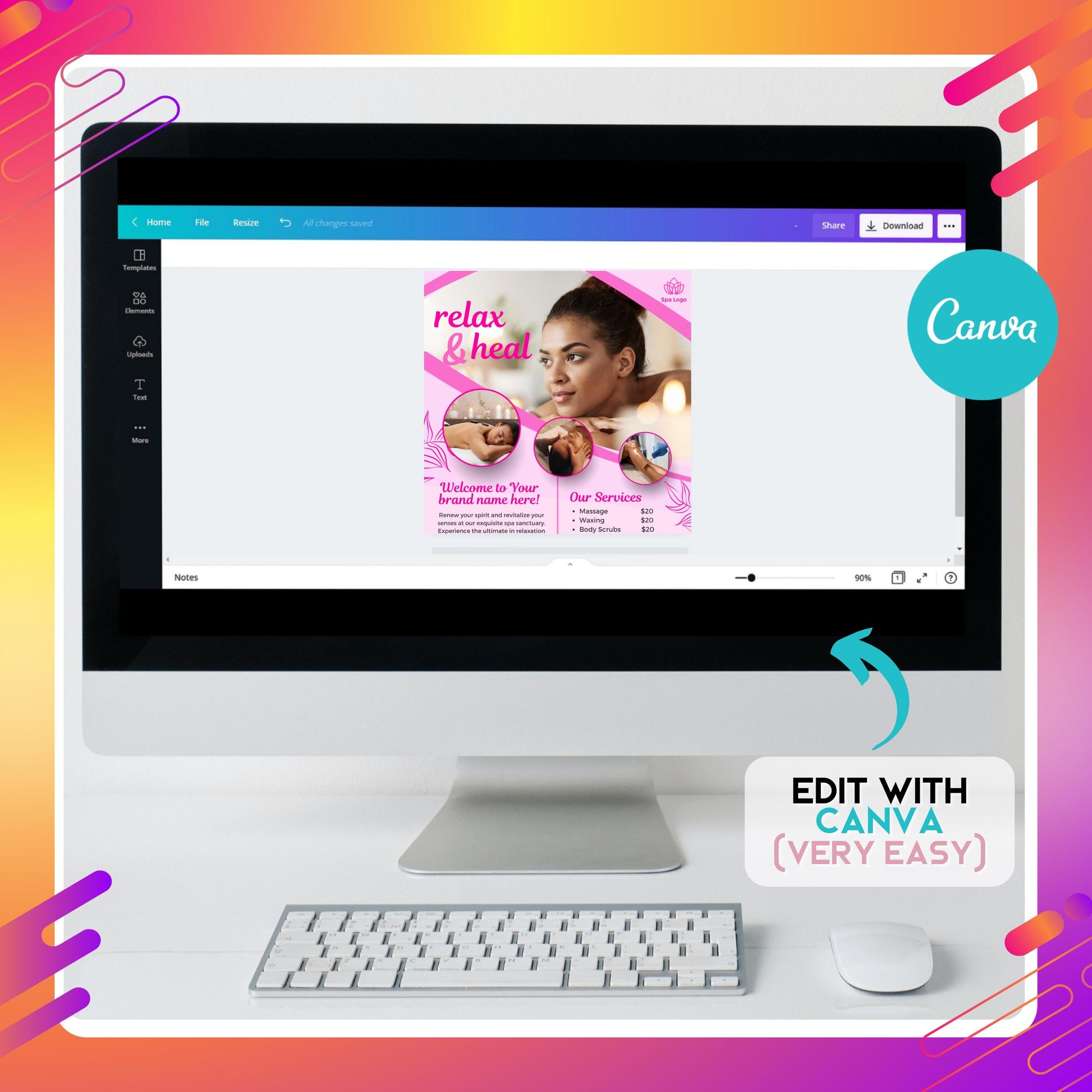 Editable spa flyer template in pink tones for massage, facials, waxing, and body scrubs, Canva design for wellness businesses
Relax and heal spa flyer design, customizable Canva template for estheticians, massage therapists, and spa service promotions
Wellness marketing flyer template in pink, editable Canva design for spa treatments, waxing, body scrubs, and facials
Modern spa flyer Canva template with pricing and services, perfect for promoting massage therapy and beauty wellness businesses