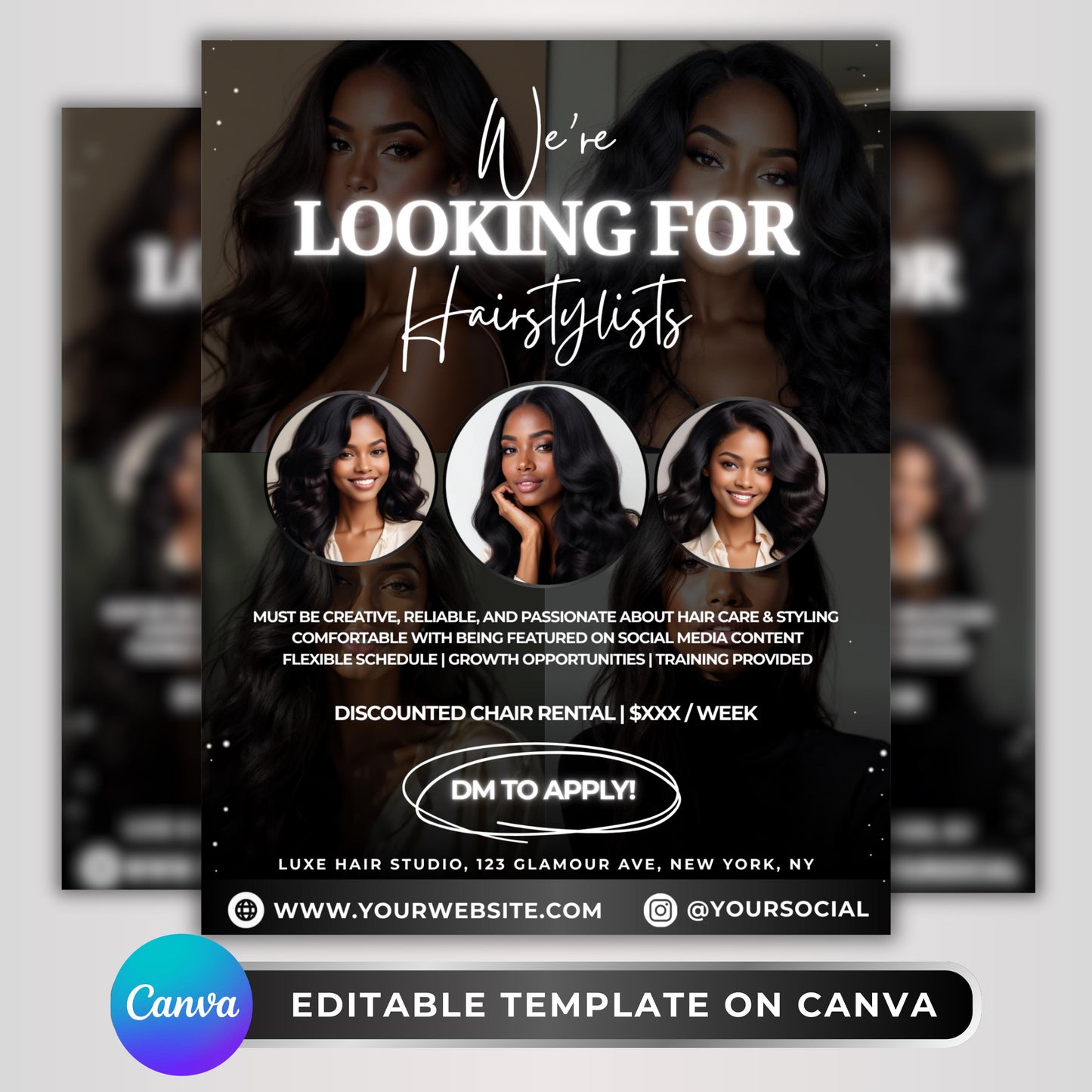 editable hairstylist wanted flyer template for salons, modern canva recruitment design with chair rental details and job requirements
salon hiring flyer in black and white theme, customizable canva template for hairstylist recruitment and beauty business promotion
professional hairstylist recruitment flyer design, editable canva salon hiring template for chair rental and job advertising
salon wanted flyer template for hairstylists, fully customizable canva design to promote job openings