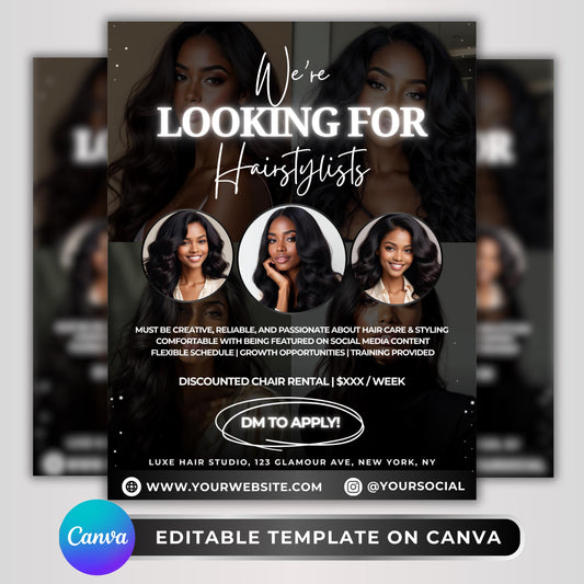 Editable hairstylist wanted flyer template for salons, modern Canva recruitment design with chair rental details and job requirements
Salon hiring flyer in black and white theme, customizable Canva template for hairstylist recruitment and beauty business promotion
Professional hairstylist recruitment flyer design, editable Canva salon hiring template for chair rental and job advertising
Salon wanted flyer template for hairstylists, fully customizable Canva design to promote job openings