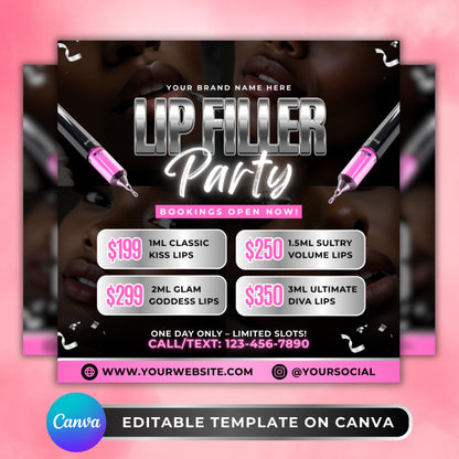 Editable Canva lip filler party flyer template with pink and silver accents, syringe graphics, pricing boxes, and bold modern fonts, designed for beauty clinics, medspas, and cosmetic nurses.