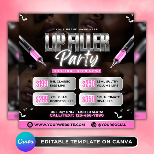 Editable Canva lip filler party flyer template with pink and silver accents, syringe graphics, pricing boxes, and bold modern fonts, designed for beauty clinics, medspas, and cosmetic nurses.