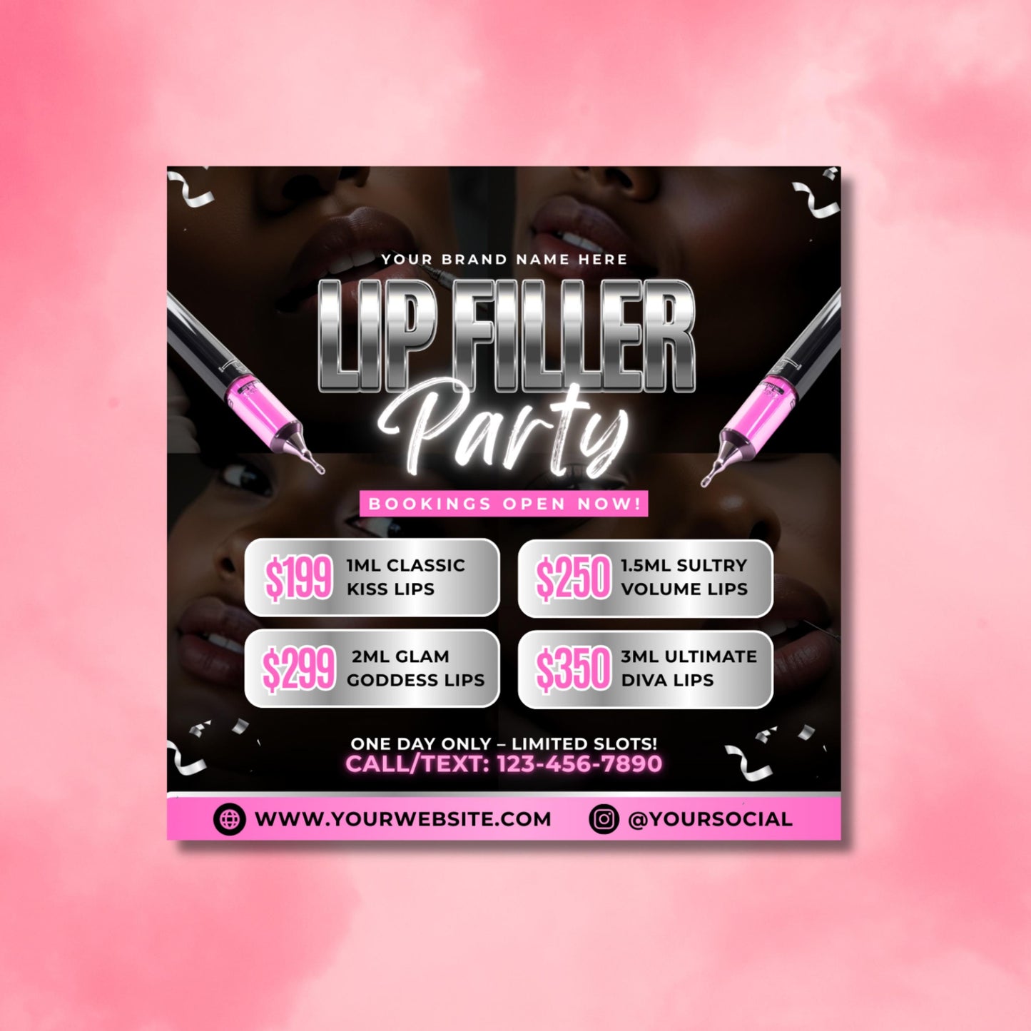 editable canva lip filler party flyer template with pink and silver accents, syringe graphics, pricing boxes, and bold modern fonts, designed for beauty clinics, medspas, and cosmetic nurses.