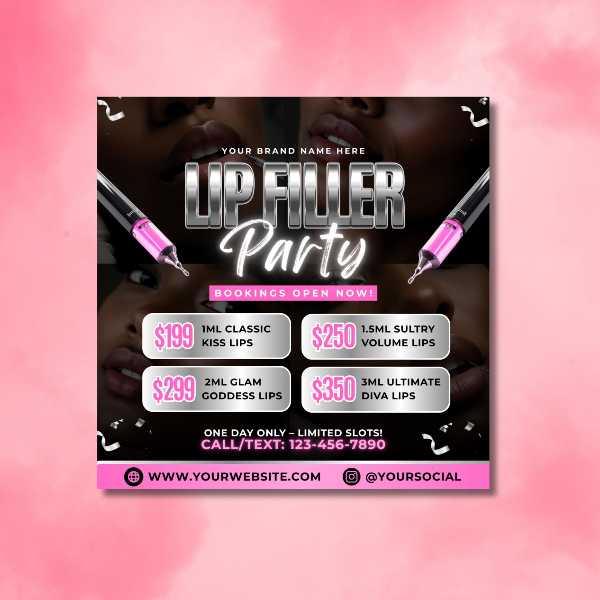 Editable Canva lip filler party flyer template with pink and silver accents, syringe graphics, pricing boxes, and bold modern fonts, designed for beauty clinics, medspas, and cosmetic nurses.
