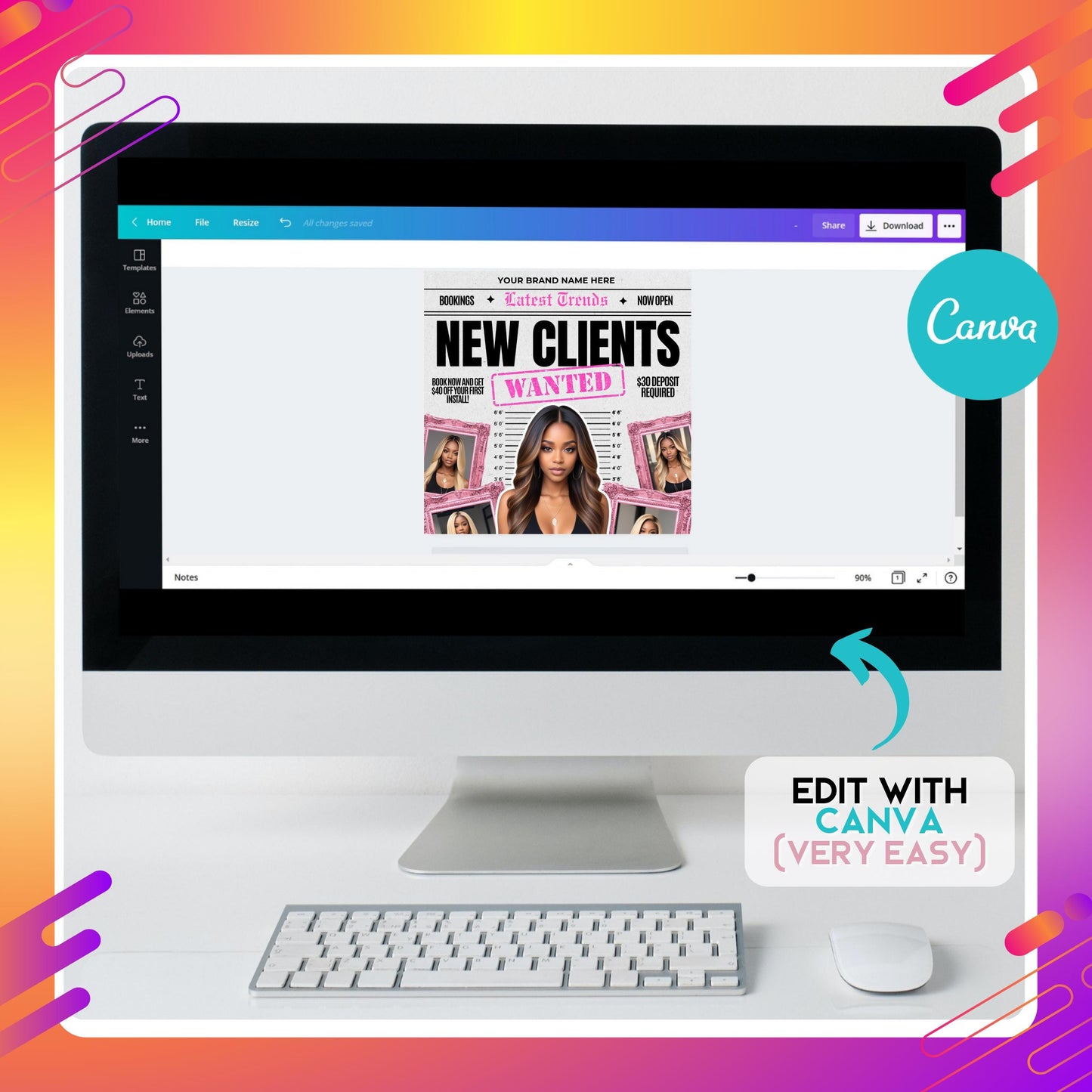 editable canva new clients wanted flyer for hair stylists and salons, bold black and pink design with photo frames
hair stylist marketing flyer template in canva, perfect for promoting wig installs, beauty salon services, and client bookings
new clients wanted salon flyer, customizable canva template for hairstylists, wig installers, and beauty professionals