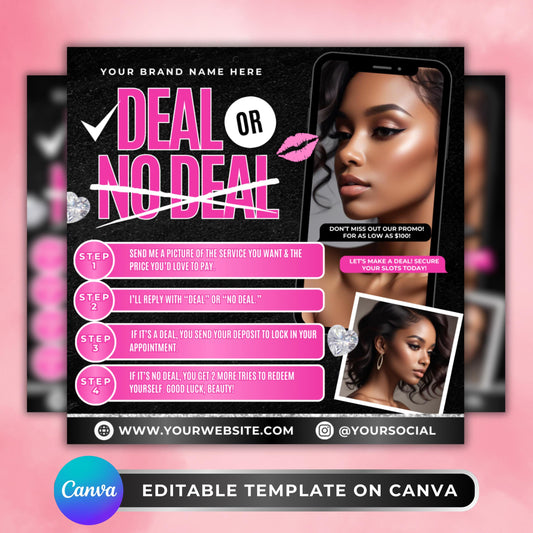 Editable Deal or No Deal beauty flyer template in black and pink, featuring model images, phone mockup, and promo steps for salons and beauty businesses.