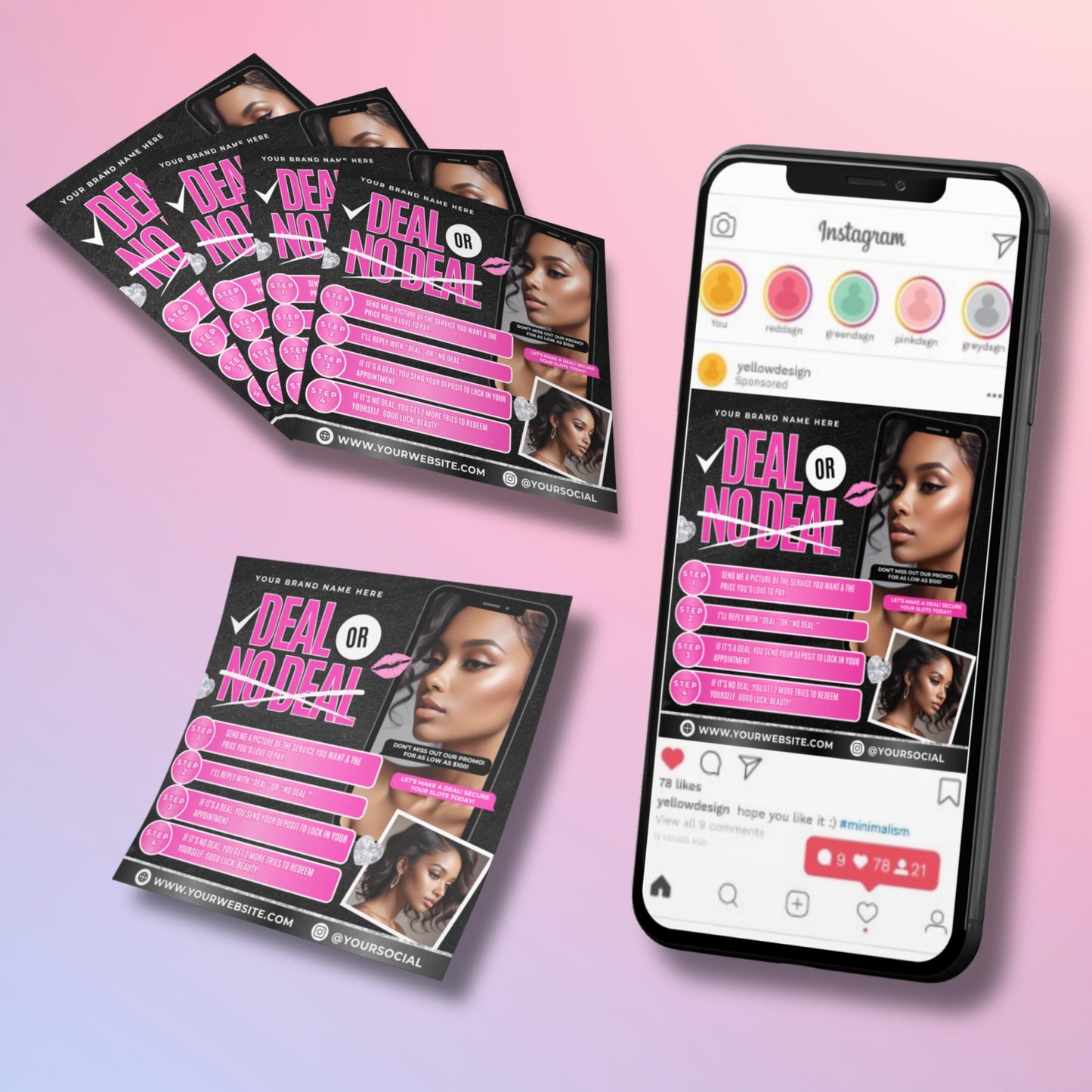 editable deal or no deal beauty flyer template in black and pink, featuring model images, phone mockup, and promo steps for salons and beauty businesses.