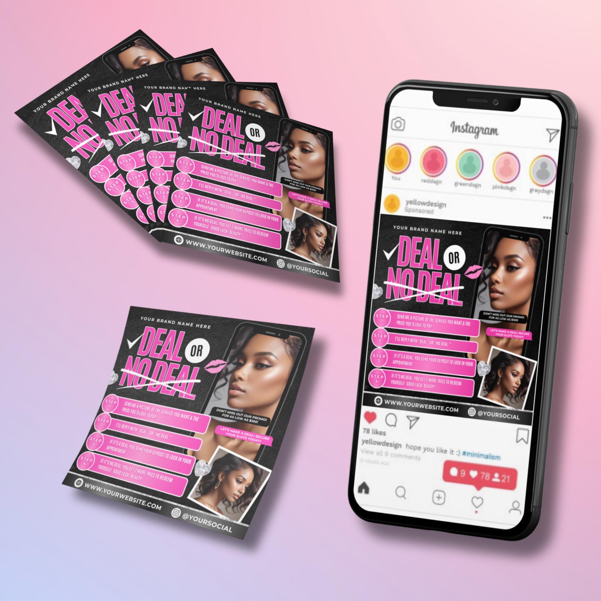 Editable Deal or No Deal beauty flyer template in black and pink, featuring model images, phone mockup, and promo steps for salons and beauty businesses.