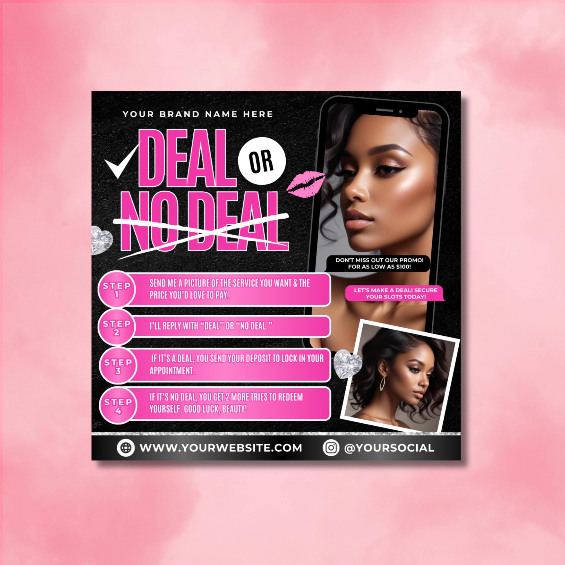 Editable Deal or No Deal beauty flyer template in black and pink, featuring model images, phone mockup, and promo steps for salons and beauty businesses.