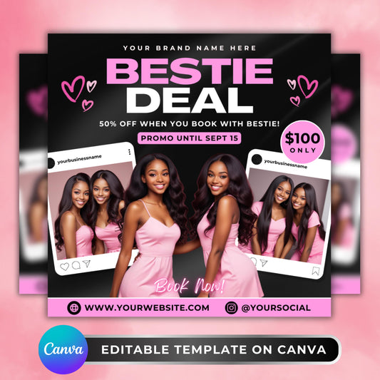 Editable Bestie Deal flyer template in black and pink featuring two best friends in matching outfits, social media mockups, and promo details.