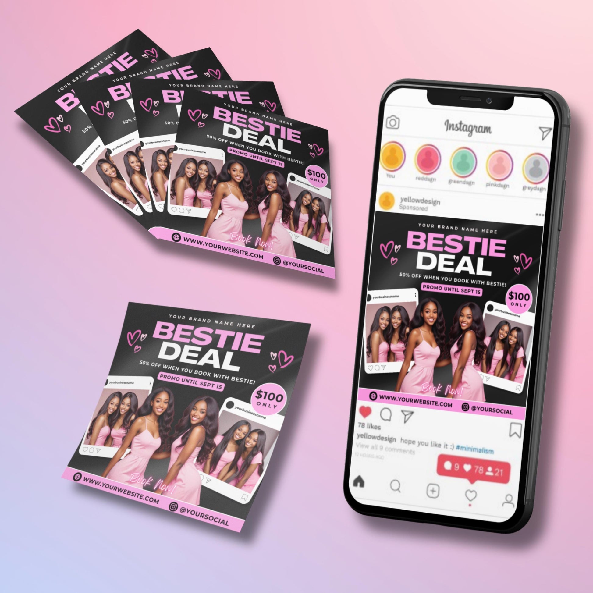 Editable Bestie Deal flyer template in black and pink featuring two best friends in matching outfits, social media mockups, and promo details.