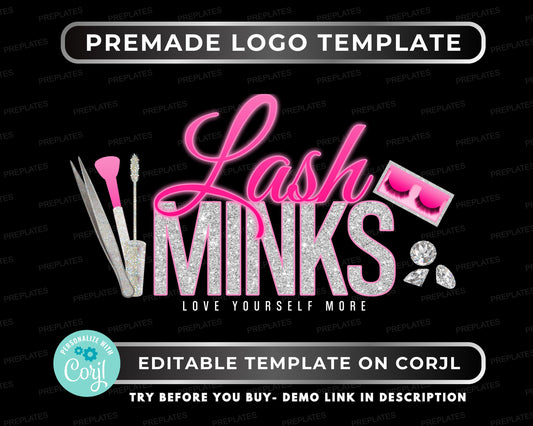 Lash Logo Template, Lash Tech Logo, Glitter Lash Business Logo, Mink Lash Logo Design, Editable Beauty Salon Logo, Glam Logo