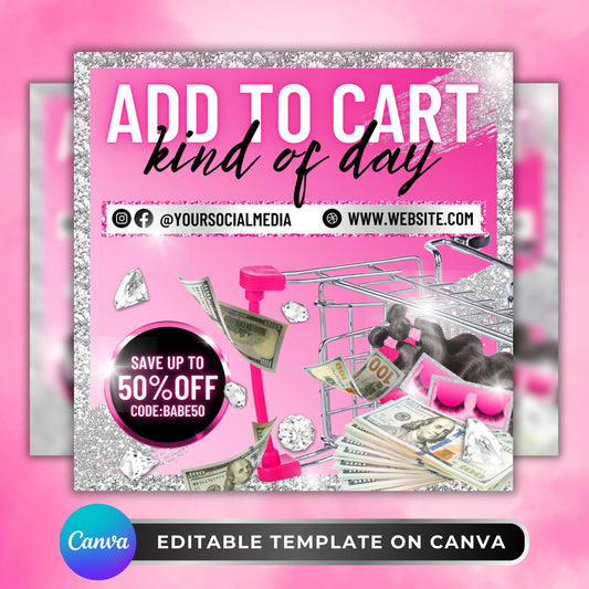 Editable pink glitter sale flyer template with shopping cart, money graphics, diamonds, and bold text “Add to Cart Kind of Day” featuring discount offer and customizable social media links.