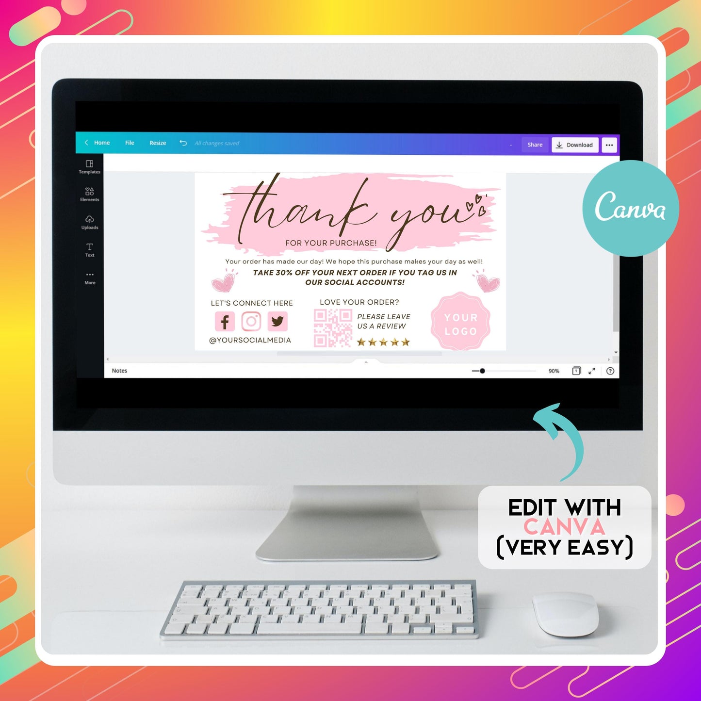 thank you card, diy marketing cards template design, thank you for order packaging card, pink insert thank you cards, small business card