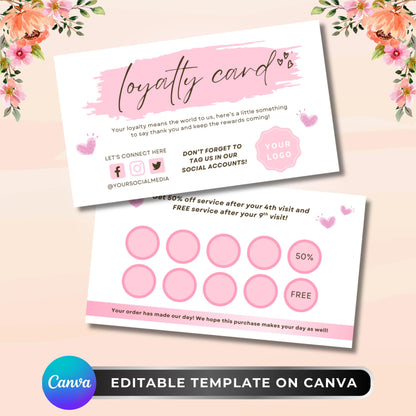 Printable loyalty punch card Canva template, customizable customer rewards card for salons, spas, coffee shops, boutiques

Pink business loyalty card design, editable Canva punch card for customer retention, reward system, and repeat clients