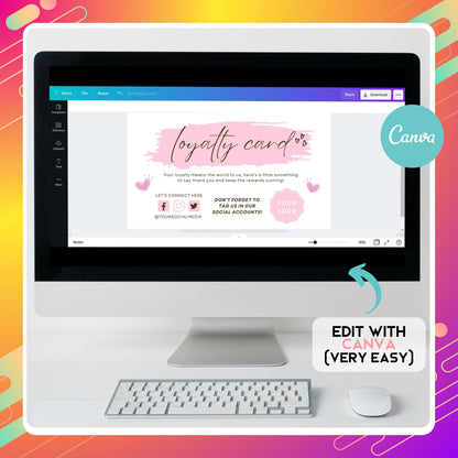 Printable loyalty punch card Canva template, customizable customer rewards card for salons, spas, coffee shops, boutiques

Pink business loyalty card design, editable Canva punch card for customer retention, reward system, and repeat clients