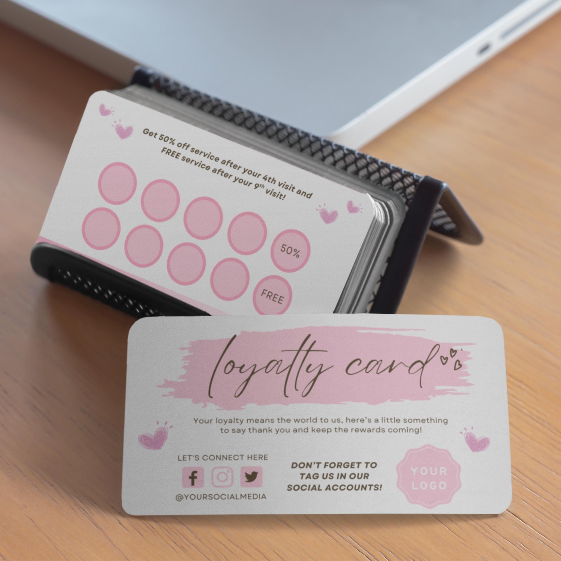 Printable loyalty punch card Canva template, customizable customer rewards card for salons, spas, coffee shops, boutiques

Pink business loyalty card design, editable Canva punch card for customer retention, reward system, and repeat clients