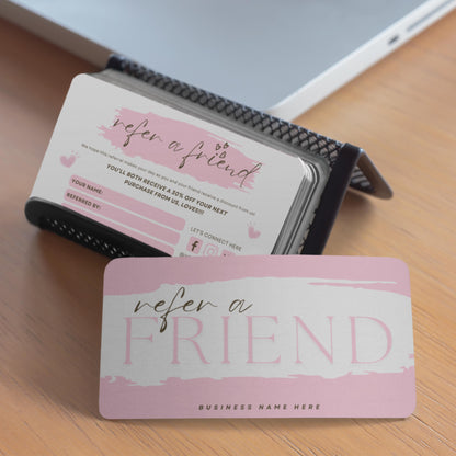 Printable referral card template front and back, customizable Canva design for discounts and customer rewards

Pink refer a friend business card template, editable Canva design for salons, spas, boutiques, and coffee shops

Editable small business referral card, Canva discount card template for referral programs and customer rewards