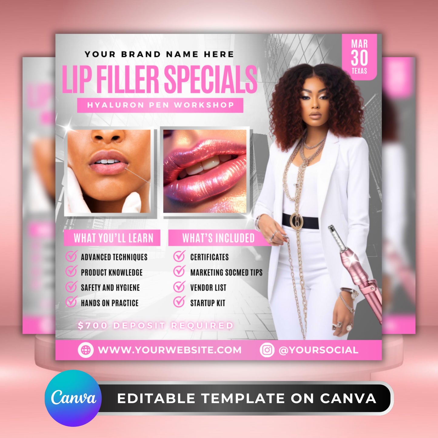 editable canva lip filler flyer template for hyaluron pen workshop promotion
pink and white esthetician training flyer design for lip filler specials
professional beauty workshop flyer template for med spa or estheticians
editable canva cosmetic nurse flyer for hyaluron pen training events
lip filler training class flyer with workshop details and modern design