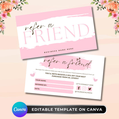 Printable referral card template front and back, customizable Canva design for discounts and customer rewards

Pink refer a friend business card template, editable Canva design for salons, spas, boutiques, and coffee shops

Editable small business referral card, Canva discount card template for referral programs and customer rewards