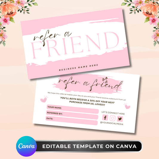 Printable referral card template front and back, customizable Canva design for discounts and customer rewards

Pink refer a friend business card template, editable Canva design for salons, spas, boutiques, and coffee shops

Editable small business referral card, Canva discount card template for referral programs and customer rewards