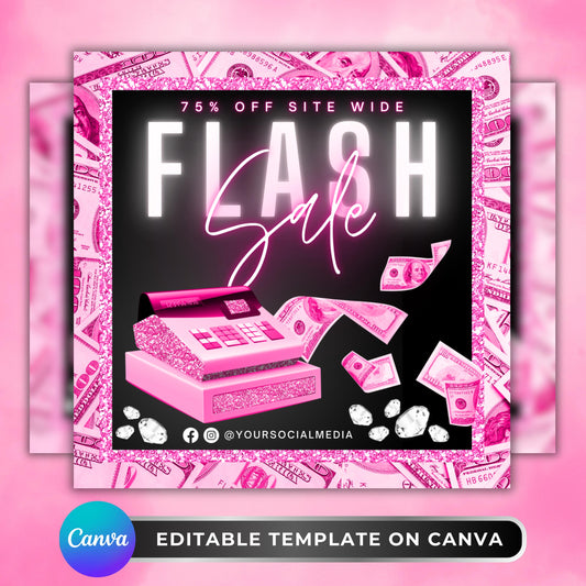 Editable Flash Sale Social Media Template with pink glitter cash register, flying dollar bills, diamonds, and bold neon text reading ‘Flash Sale – 75% Off Sitewide,’ perfect for online boutiques, fashion shops, and beauty brands promoting sales.