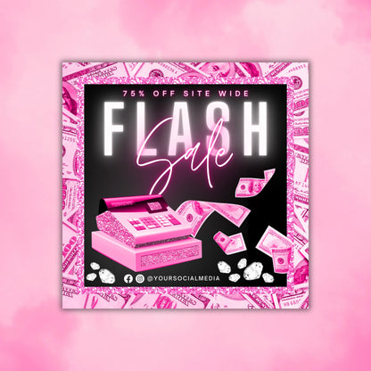 Editable Flash Sale Social Media Template with pink glitter cash register, flying dollar bills, diamonds, and bold neon text reading ‘Flash Sale – 75% Off Sitewide,’ perfect for online boutiques, fashion shops, and beauty brands promoting sales.