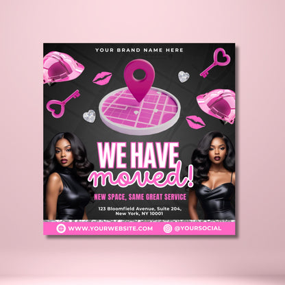 Editable Canva We Have Moved flyer template for salon and spa relocation announcements.
Pink business move flyer design with new location details.
Editable relocation flyer template for boutiques, salons, and spas.
Modern Canva flyer for announcing We Have Moved with business address.
Editable marketing flyer for new location announcement, pink and black design.