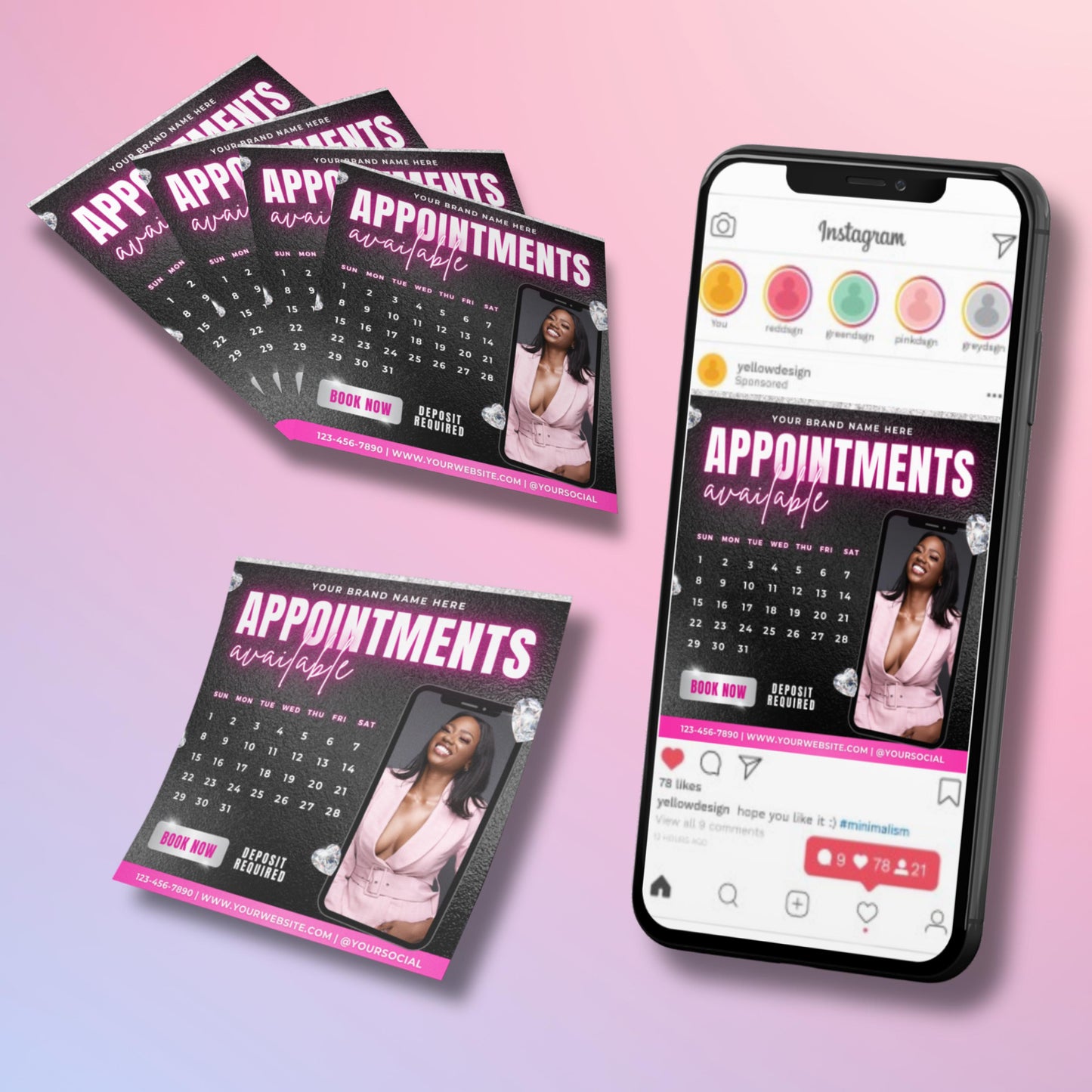 modern salon booking flyer template with bold pink text ‘appointments available’ and space for client contact details, ideal for lash, nail, and hair stylists.

editable canva book now flyer in black, pink, and silver theme featuring appointment calendar, phone number, website, and social media handle.

beauty business marketing flyer template for muas, lash techs, hairstylists, and nail salons to promote open bookings and manage client appointments.