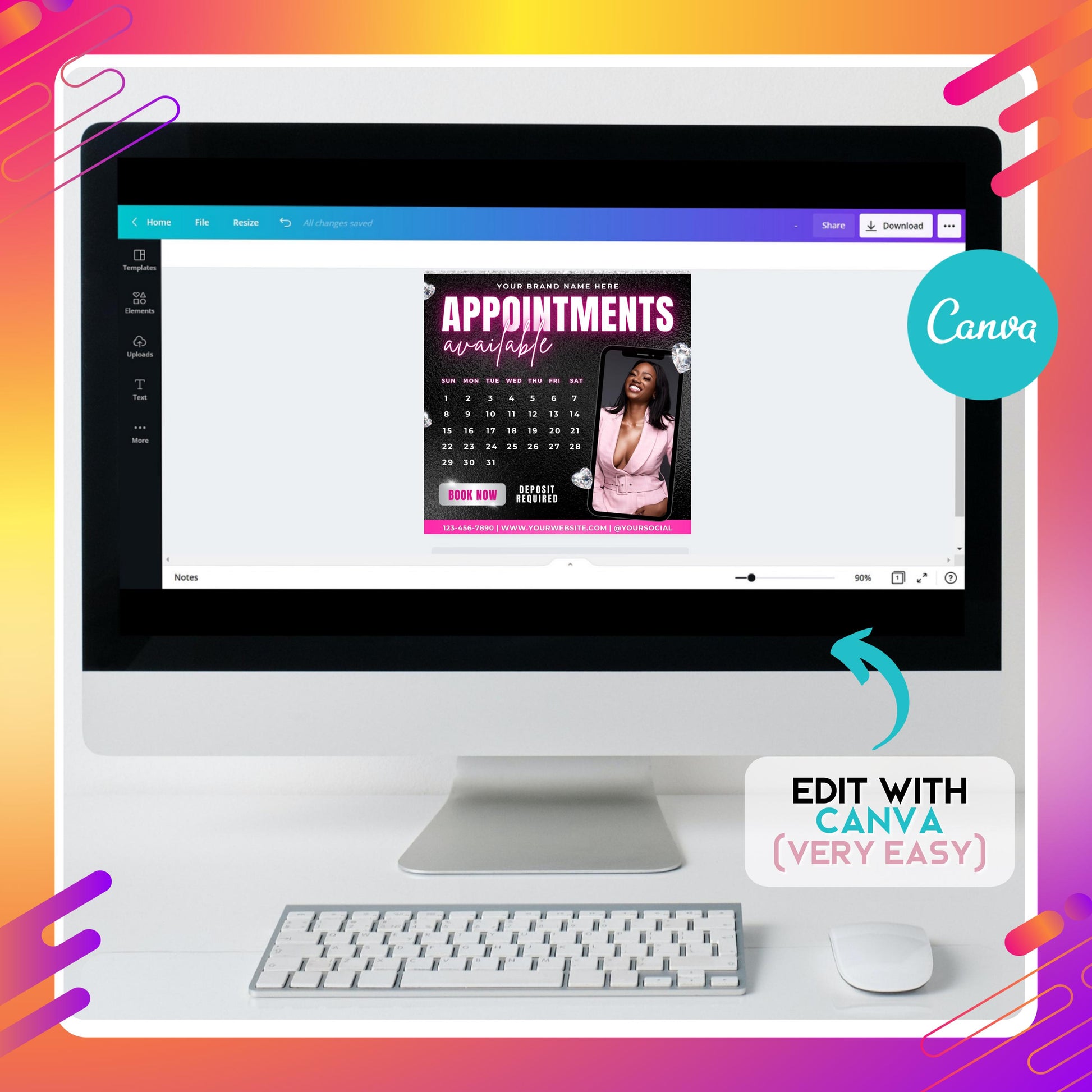 Modern salon booking flyer template with bold pink text ‘Appointments Available’ and space for client contact details, ideal for lash, nail, and hair stylists.

Editable Canva Book Now Flyer in black, pink, and silver theme featuring appointment calendar, phone number, website, and social media handle.

Beauty business marketing flyer template for MUAs, lash techs, hairstylists, and nail salons to promote open bookings and manage client appointments.