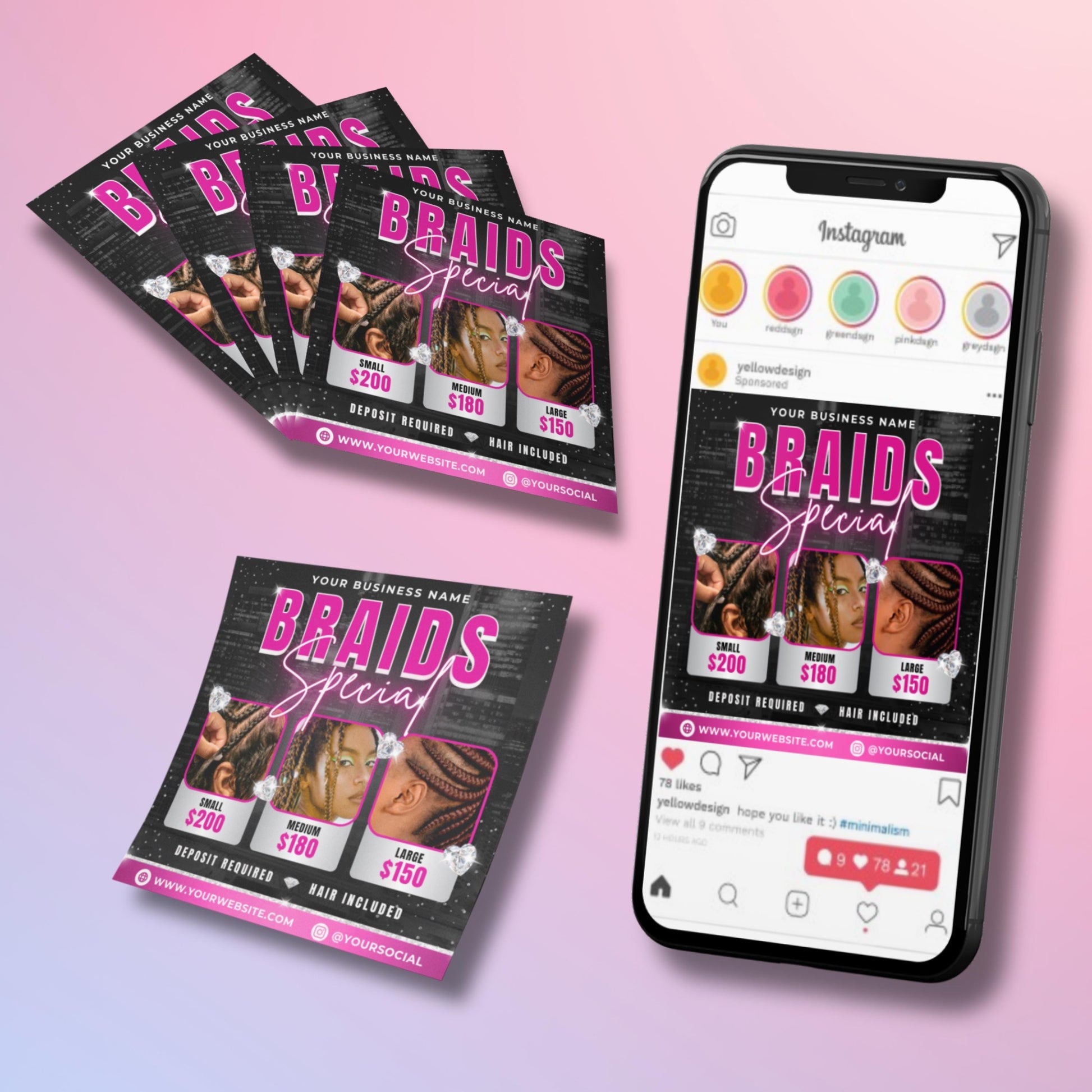 Editable Braids Special Flyer Template with pricing for small, medium, and large knotless braids, designed in Canva for salons and hairstylists.

&quot;Black and pink braids price list flyer with bold text and images of braid styles, customizable in Canva for Instagram and print marketing.&quot;

DIY Canva braids flyer showing braiding service prices with deposit required and hair included note.

Knotless braids flyer template for hair stylists and salons, featuring modern design and editable de