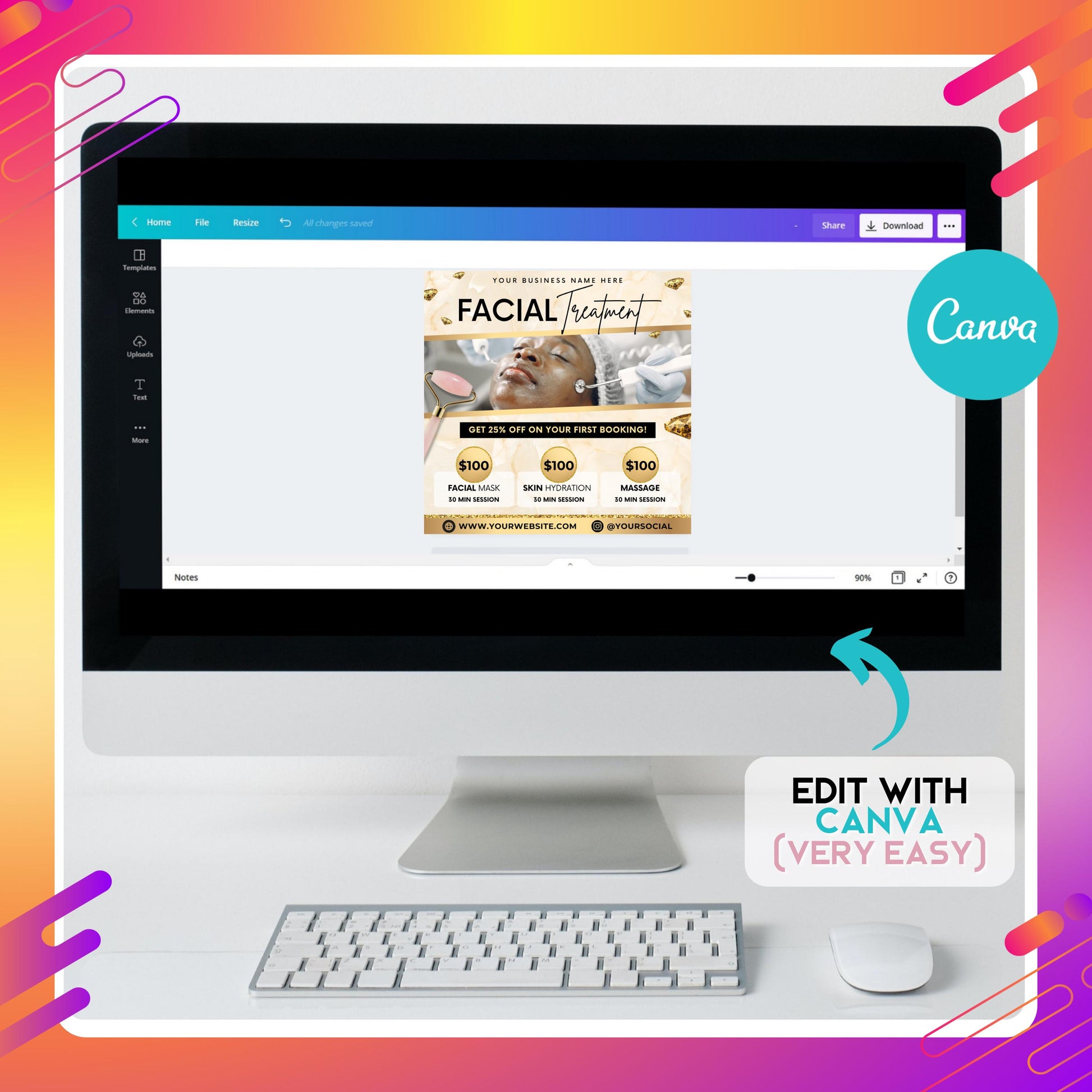 Editable Canva facial treatment flyer template for spa and esthetician marketing.
Luxury skincare flyer design for facial, massage, and hydration services.
Editable beauty business flyer template for estheticians and spas.
Facial treatment flyer with pricing and service details in gold design.
Editable Canva flyer for skincare, spa, and wellness facial promotions.