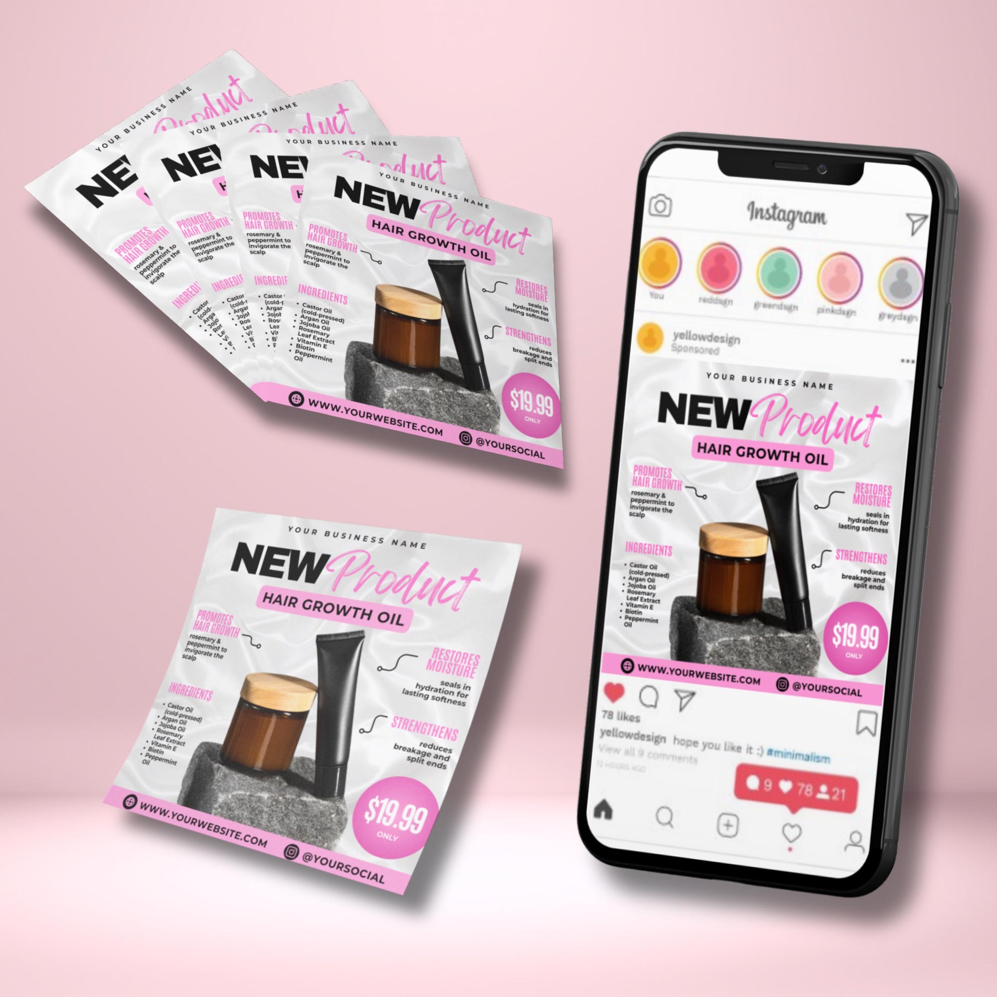 Editable Canva hair growth oil flyer template for beauty product marketing.
Natural haircare flyer design with ingredients and benefits listed.
Cosmetic product flyer template for small businesses and beauty brands.
Editable Canva flyer for hair growth oil promotion and sales.
Haircare marketing flyer highlighting product features and price.