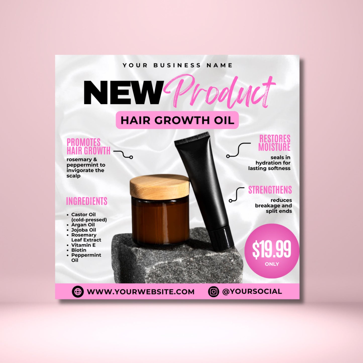 editable canva hair growth oil flyer template for beauty product marketing.
natural haircare flyer design with ingredients and benefits listed.
cosmetic product flyer template for small businesses and beauty brands.
editable canva flyer for hair growth oil promotion and sales.
haircare marketing flyer highlighting product features and price.
