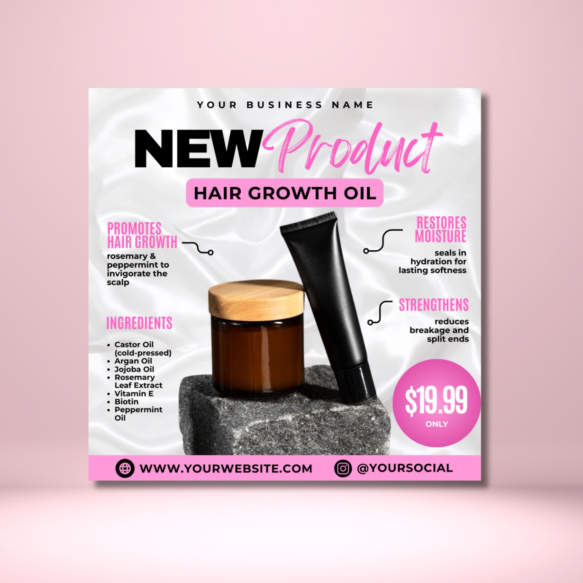 Editable Canva hair growth oil flyer template for beauty product marketing.
Natural haircare flyer design with ingredients and benefits listed.
Cosmetic product flyer template for small businesses and beauty brands.
Editable Canva flyer for hair growth oil promotion and sales.
Haircare marketing flyer highlighting product features and price.
