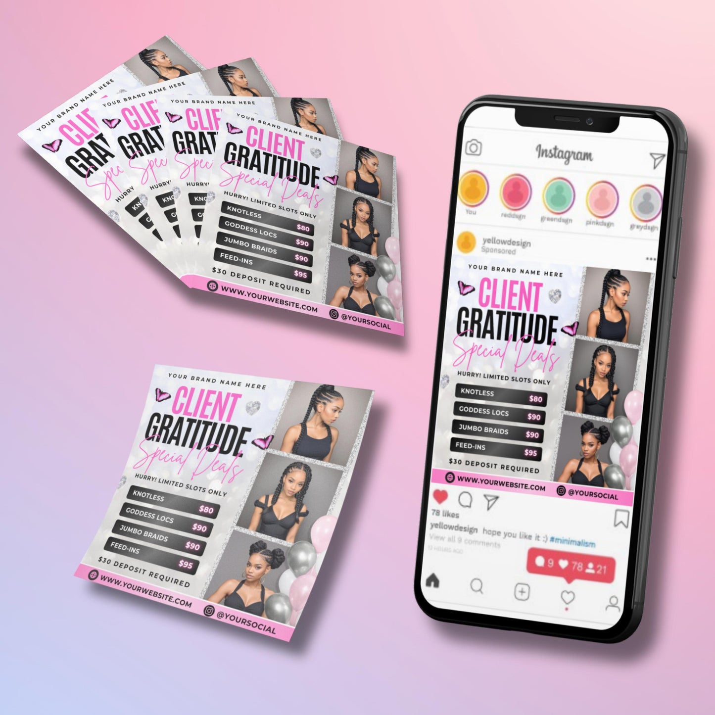 editable client appreciation flyer template in canva for braiders and hairstylists, featuring braid specials and price list design.
pink and black braid promo flyer showcasing knotless braids, goddess locs, jumbo braids, and feed-in styles, canva template.
customizable braid flyer for beauty professionals, canva design with modern client gratitude deals and price list layout.
hair braiding promo flyer template in canva, perfect for salons offering client specials and limited-time braid deals.